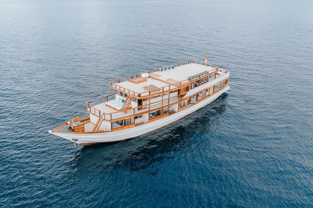 Aerial drone view of Sora liveaboard vessel in Komodo waters